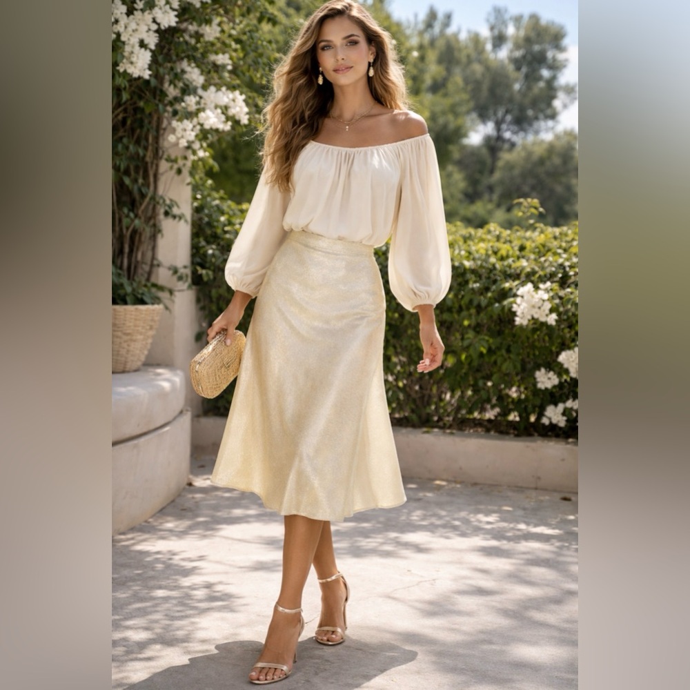 Alex Marie A Line Skirt 14 Gold Cream Stretch Washable Midi Flowy Shimmer